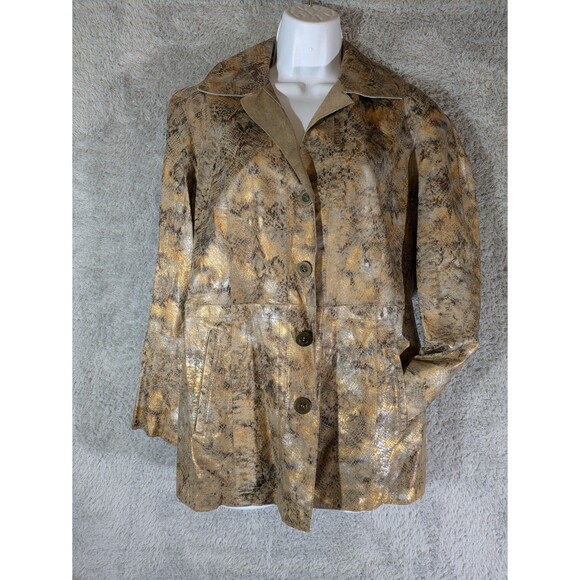 Chico’s Size 0/S/4 Reversible Tan Suede Metallic Snakeskin Leather Jacket Coat - Picture 1 of 10